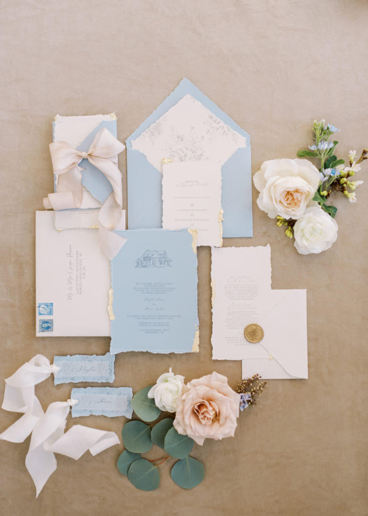 blue and ivory wedding invitation suite 