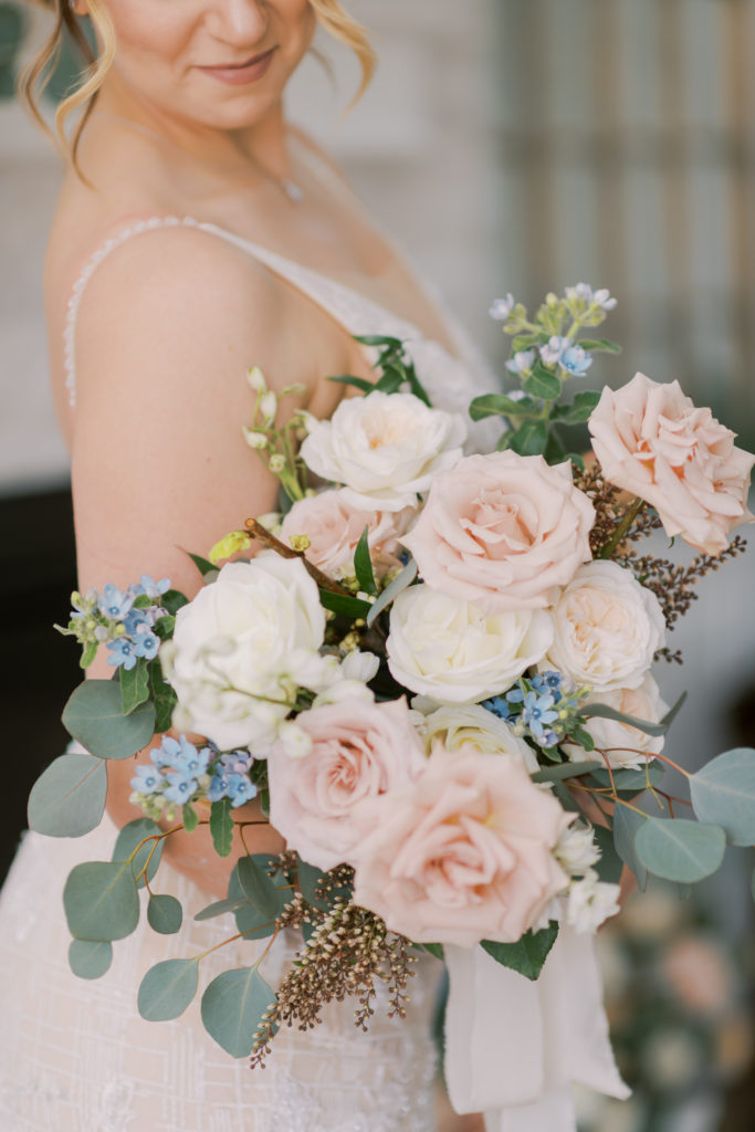 pink, ivory and blue bridal bouquet 