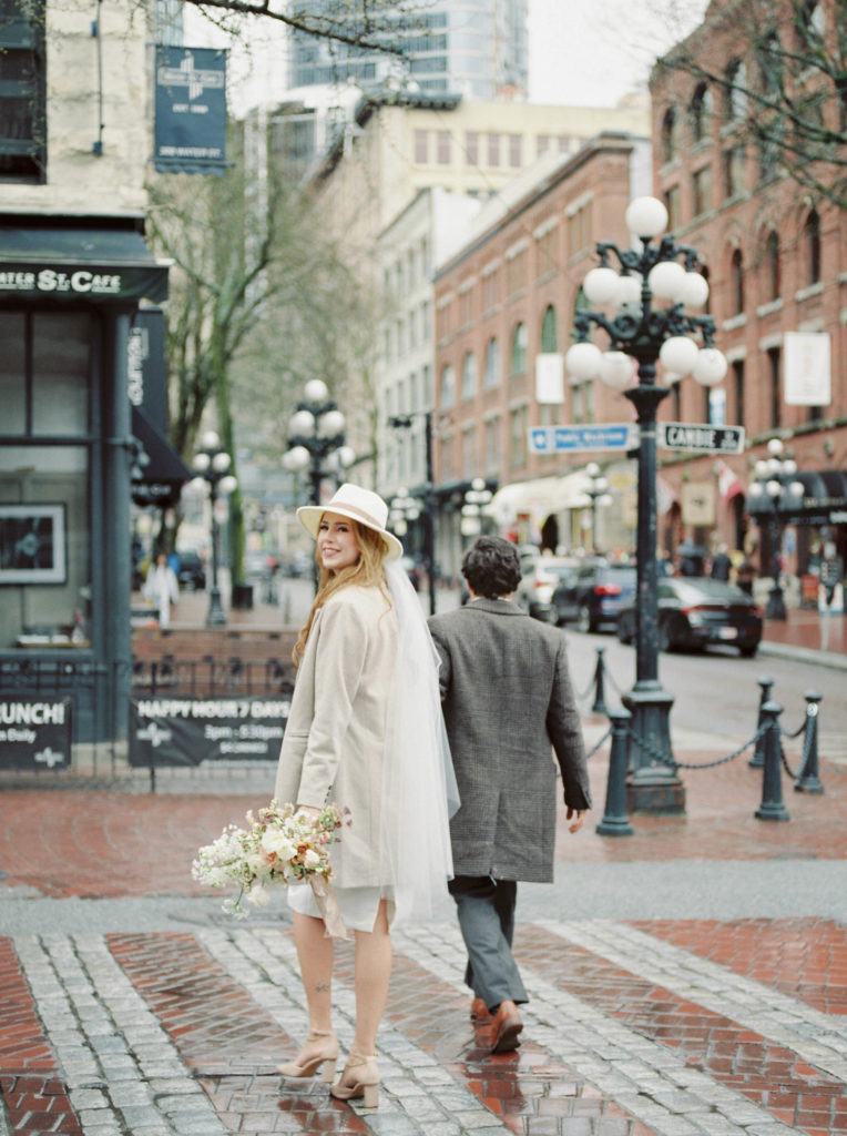 a chic bride at her Vancouver elopement in Gastown