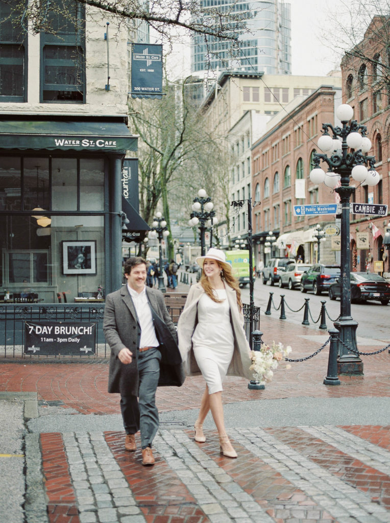 a bride wearing a short dress for her downtown Vancouver elopement 