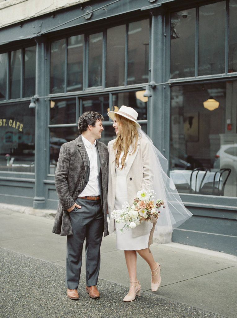 a bride wearing a short wedding gown for her Gastown Vancouver elopement 