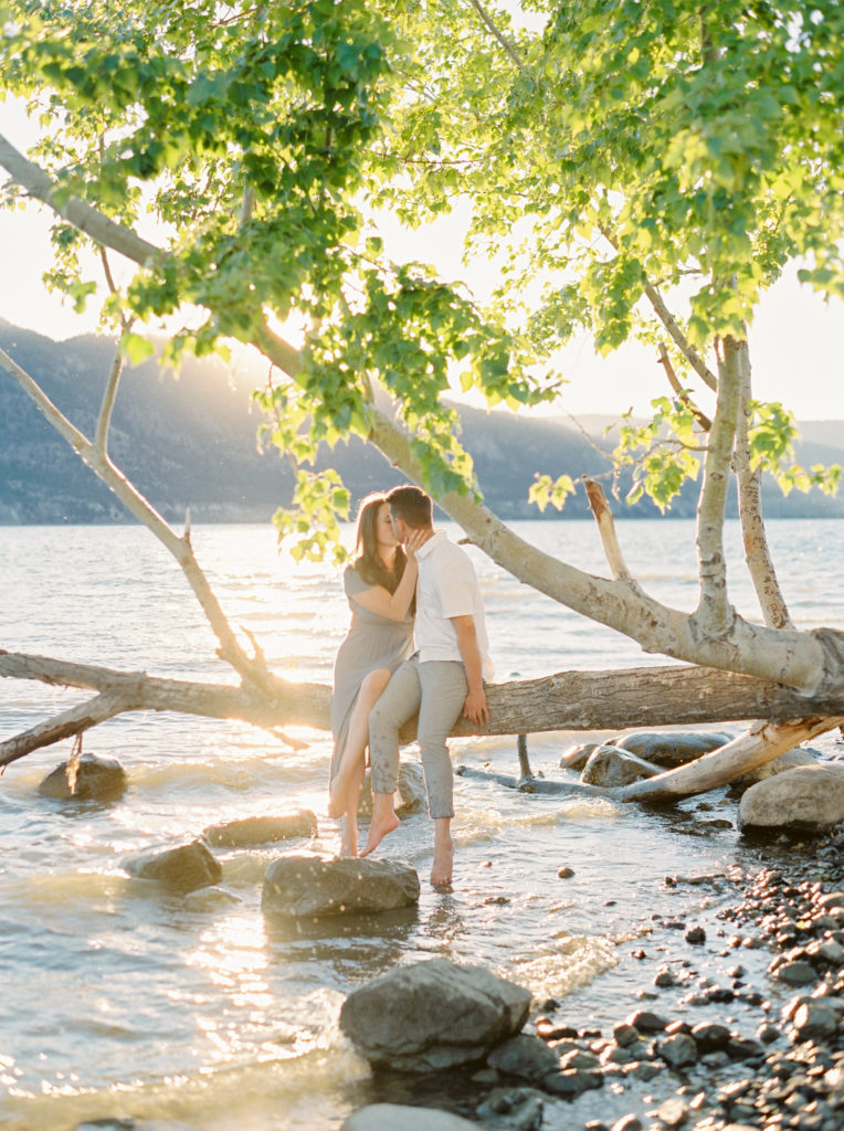 a couple kiss while sitting on a tree for their Okanagan couples session 